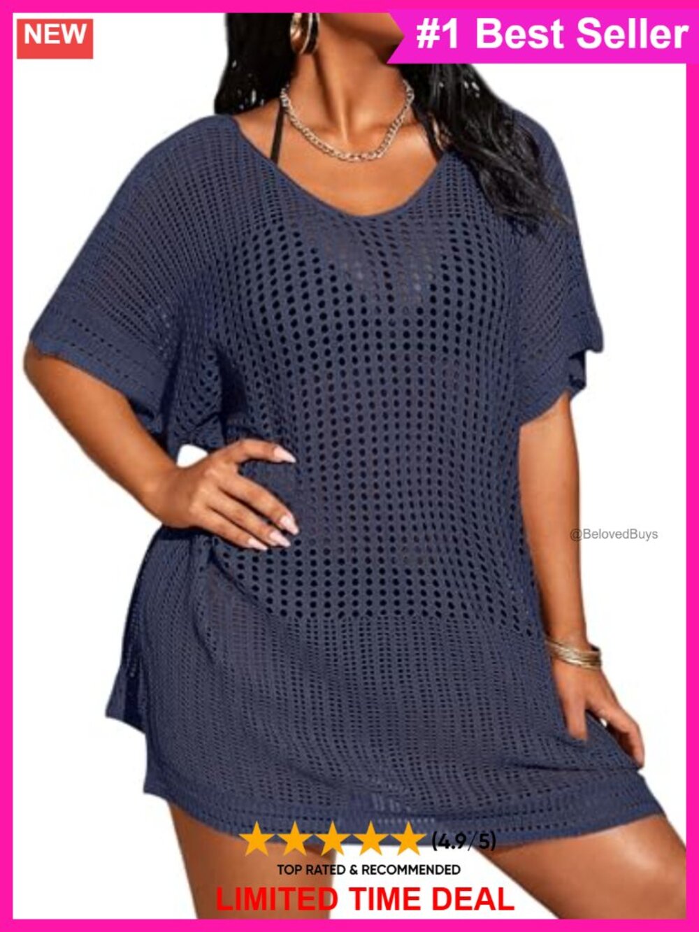 Plus Size 100% Acrylic Hollow Out Beach Swim Cover Up Short Sleeve V-Neck